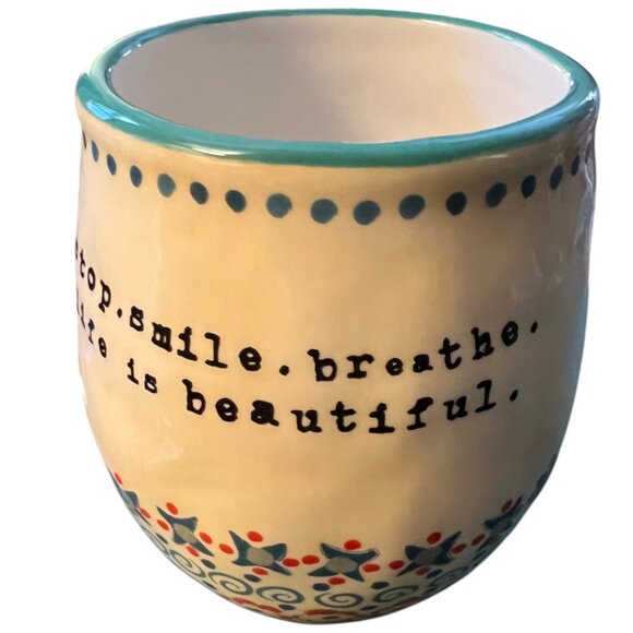 NATURAL LIFE Stoneware Cup Stop Smile Breathe Life Is Beautiful Boho Floral Gift - Picture 3 of 14